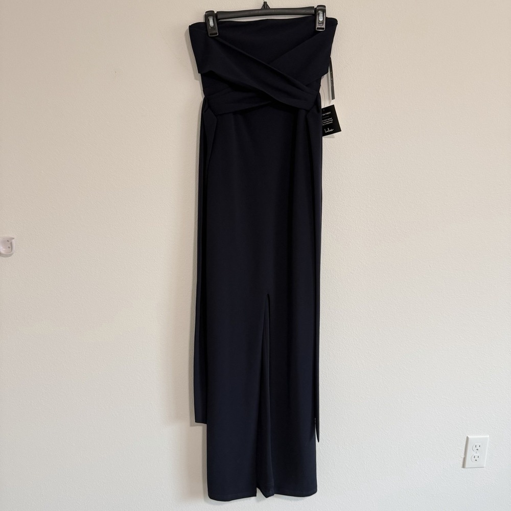 Lulus Own the Night Strapless Maxi Dress Womens Small Navy Blue Bridesmaid Slit‎